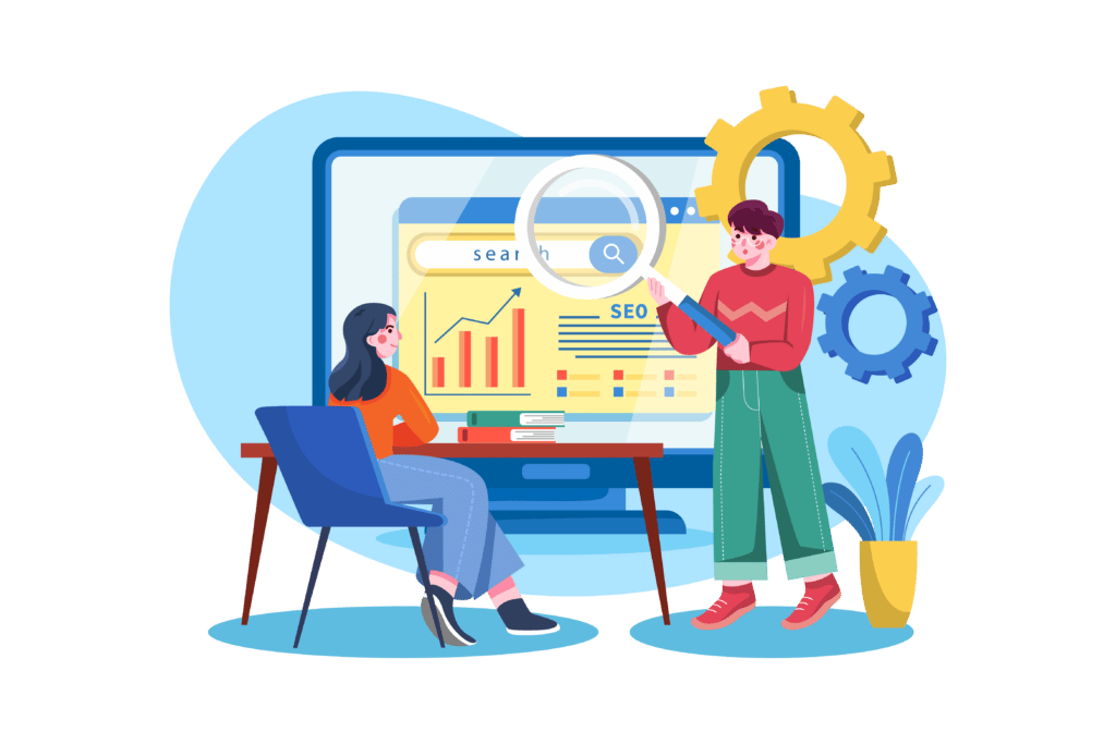 Local SEO concept illustration with large screen and marketers