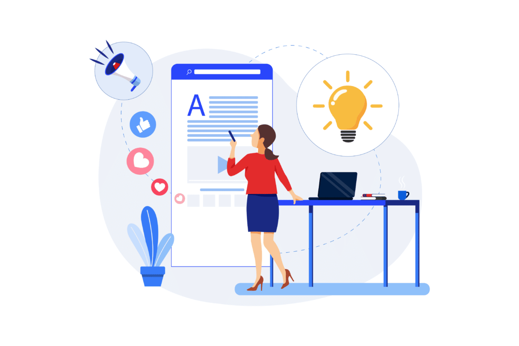 Content strategy concept illustration with woman working on content