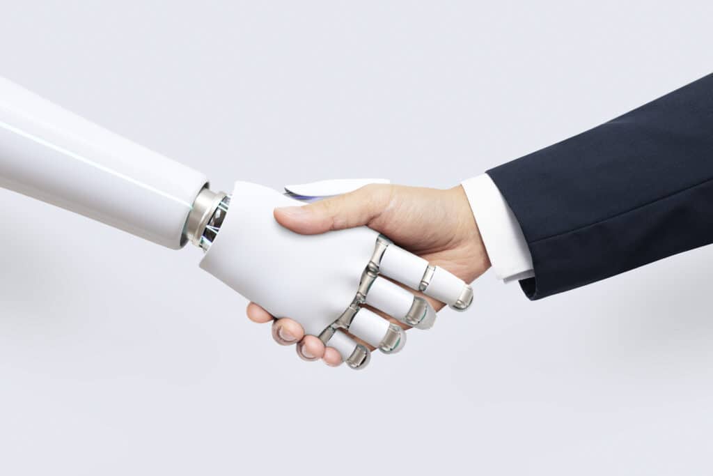 AI business technology, digital transformation concept robot hand shaking business mans hand