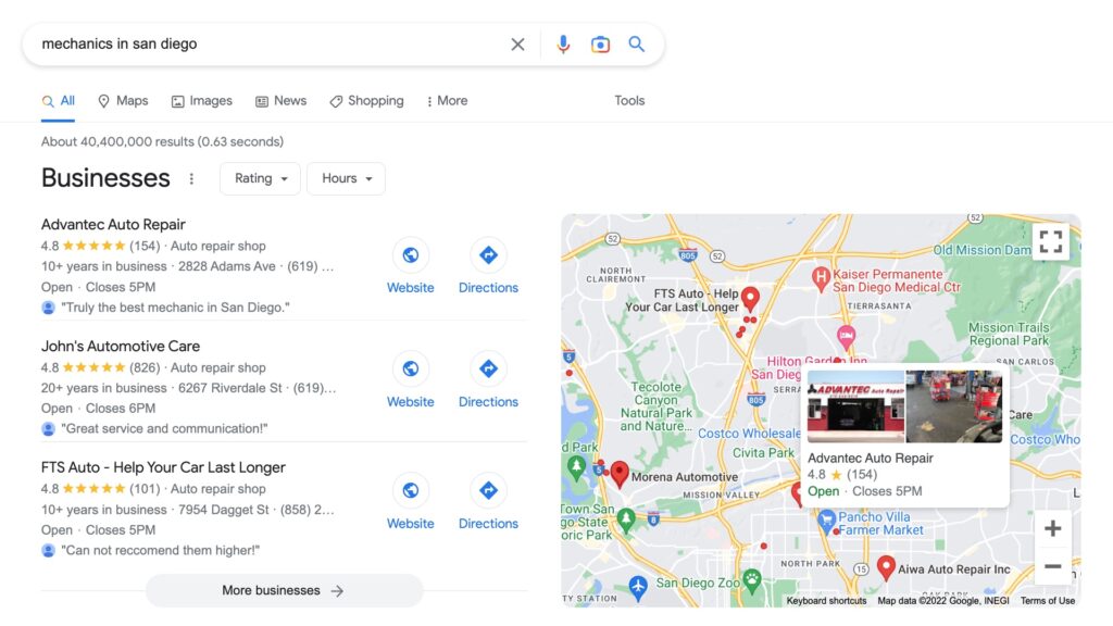 Google review example with a screenshot of a search for nearby mechanic