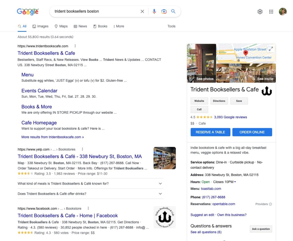 Google review example with a screenshot of a search for a bookseller in nearby area