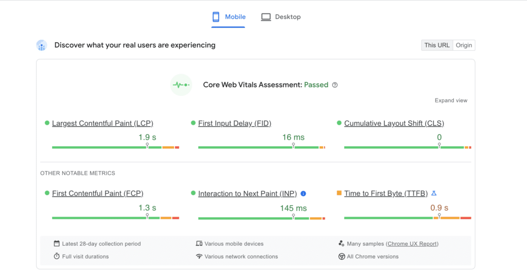 core web vitals assessment on Google page speed insights tool