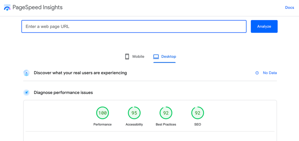 google pagespeed insights results